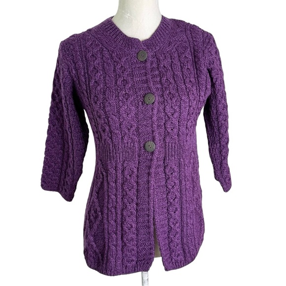 Kilronan Irish 100% Wool Cable Knit Cardigan Purple Size XS - Picture 2 of 11
